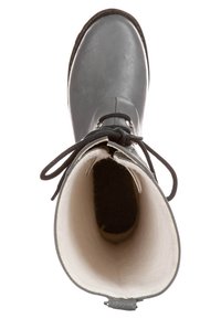 Botte en caoutchouc grise avec un bout rond, dotée d'un laçage noir, d'une doublure intérieure beige douce et d'une texture extérieure lisse.