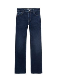 Jean droit bleu foncé avec cinq poches et une fermeture à bouton et zip, présenté à plat sur un fond blanc.