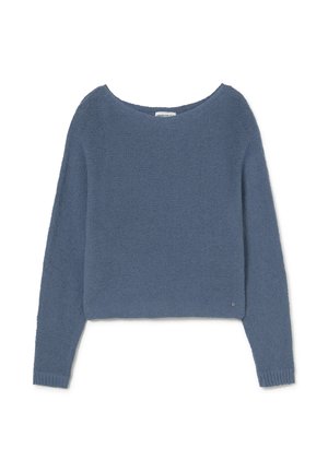 Suéter azul de punto con mangas largas, cuello redondo y puños acanalados, mostrado plano sobre un fondo blanco.