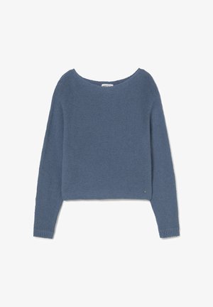 Suéter azul de punto con mangas largas, cuello redondo y puños acanalados, mostrado plano sobre un fondo blanco.