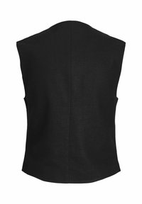 Crni bezrukavni prsluk s krojem. Glatka tekstura i zakrivljen izrez, s centralnim šavom na leđima. Nema vidljivih metalnih dijelova.