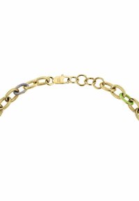 Collana a catena color oro con catene interconnesse caratterizzate da una finitura testurizzata. Presenta accenti verdi e grigi e una chiusura sicura.