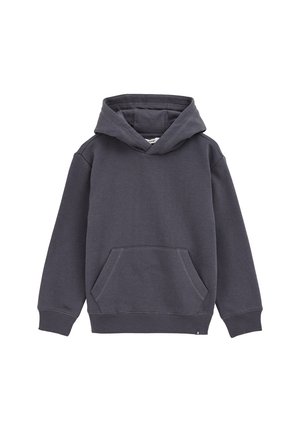 Sweat à capuche gris foncé en doux mélange de coton. Dispose d'une poche kangourou, de poignets côtelés et d'une capuche avec un large col. Design simple.
