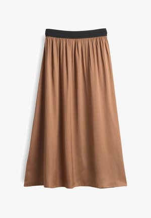 Brauner Midi-Rock mit elastischem schwarzen Bund, mit fließendem, glattem Stoff und gerafftem Design für eine lässige Passform.