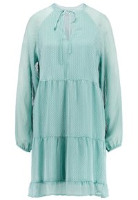 Robe aqua à pois en tissu léger, avec un col en forme de goutte d'eau, des manches longues, et un ourlet à volants avec des poignets élastiques.