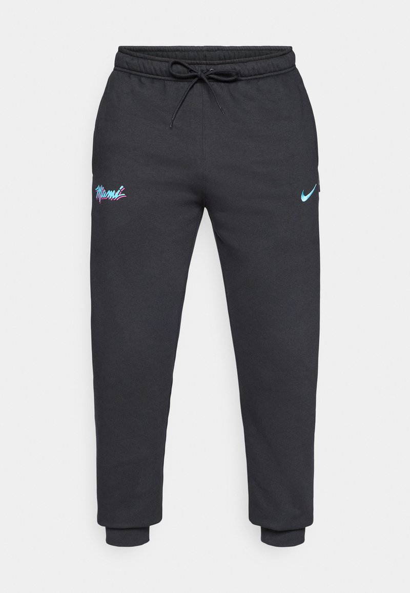 Schwarze Sweatpants aus weichem Material, mit einem Kordelzugbund, elastischen Bündchen und einem "Miami"-Logo in Lila und Blau; Nike-Logo in Hellblau.