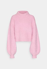 Afgeknepen roze gebreid sweater met een hoge, geribde halslijn en volumineuze, lange mouwen. Zachte textuur met een verticale ribbelpatroon.