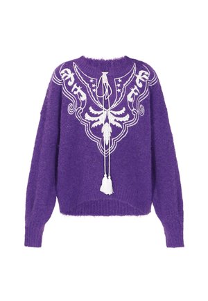 Violets, pūkains džemperis ar garām piedurknēm. Balts izšuvums ar centrālo dizainu un pušķiem ap kaklu. Brīva piegriezuma.