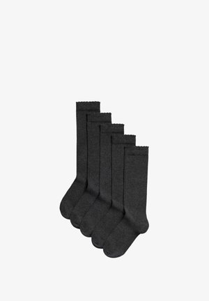 Fünf Paar dunkelgraue Knöchelsocken aus weichem, elastischem Material mit gewellten Bündchen und glatter Oberfläche.