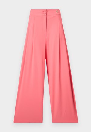 Wide-leg trousers made of lightweight fabric in bright pink, featuring a high waist, pleated design, and two decorative buttons at the waistband.