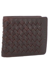 Dark brown leather wallet featuring an intricate woven texture with a smooth finish and subtle stitching details along the edges.