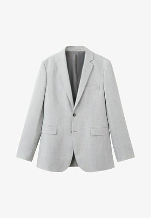 Blazer homme gris clair à un bouton avec revers en cranté, deux poches à rabat à l'avant et une poche poitrine à fente, présenté sur un fond blanc.