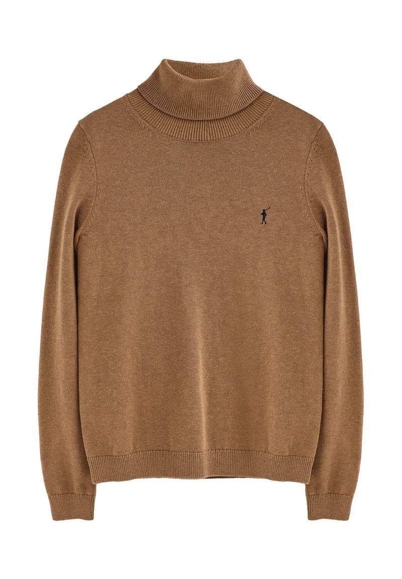 Maglione a collo alto marrone realizzato in materiale morbido, con colletto e orlo a coste, e un piccolo logo ricamato sul petto.