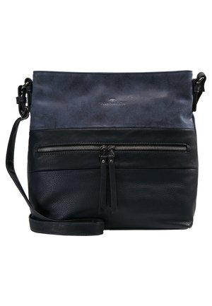 Leren schoudertas met een donkerblauw bovenstuk en een gestructureerde zwarte onderkant. Voorzien van een voorzak met rits en een verstelbare schouderband.