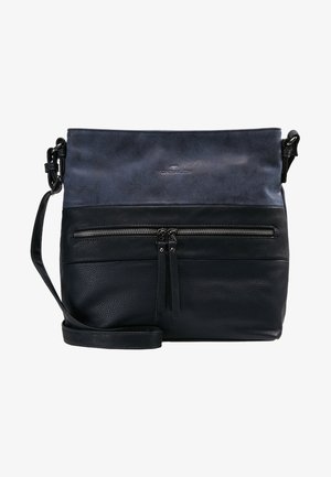 Leren schoudertas met een donkerblauw bovenstuk en een gestructureerde zwarte onderkant. Voorzien van een voorzak met rits en een verstelbare schouderband.