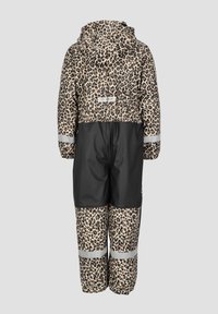 Regnjakke i leopardmønster med en sort nederste del, der har hætte, reflekterende detaljer og et vandtæt materiale til udendørs brug.