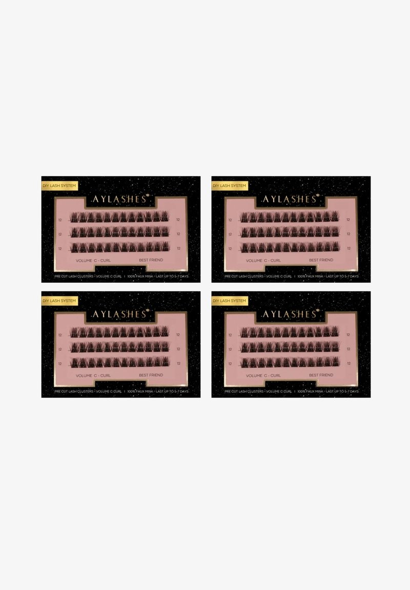 Four rectangular lash boxes on a black background, featuring pre-cut faux mink clusters labeled "Volume C Curl" with pink trays and gold accents.