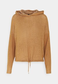 Felpa con cappuccio, leggera, design cropped, colore marrone dorato, maniche lunghe, orlo con coulisse e punte in metallo, texture sottile.