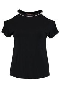 Černé tričko s krátkým rukávem a designem s odkrytými rameny, se zaobleným výstřihem a stříbrným kovovým lemem. Hladký povrch látky.