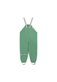 Groene waterdichte overalls met verstelbare beige schouderbanden, elastische manchetten en reflecterende stripdetail op de benen voor zichtbaarheid.