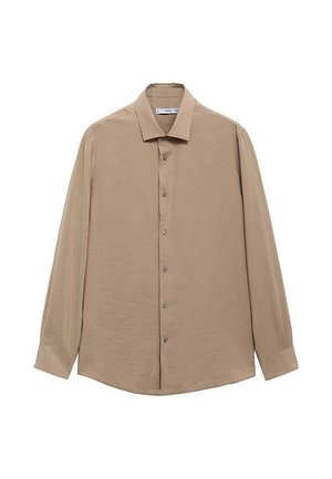 Beige långärmad skjorta med knappslå som har en klassisk krage, framknäppning och subtil struktur. Mjuk tyg med en avslappnad passform.