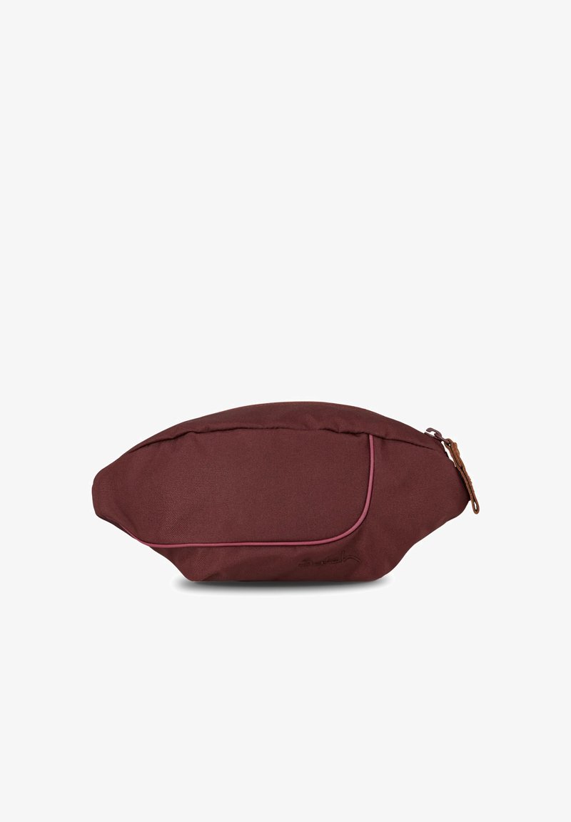 Burgundy fabric pouch with a rounded shape, accented with a pink trim and a zipper. Features a brown leather zipper pull.