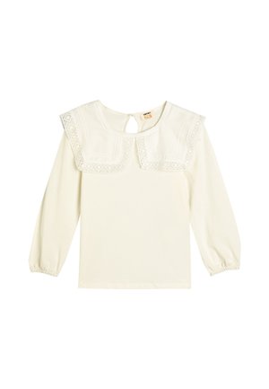Top a maniche lunghe crema con colletto ricamato, apertura a goccia sul retro e polsini arricciati. Morbido cotone misto con delicate rifiniture in pizzo.