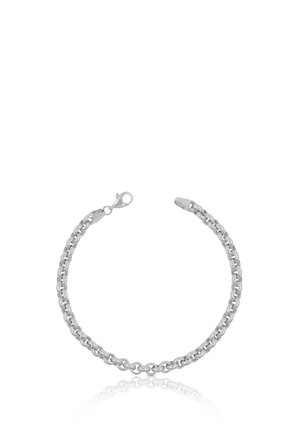 Silbernes Kettenarmband mit ineinandergreifenden runden Gliedern und einem Karabinerverschluss, dargestellt auf weißem Hintergrund.