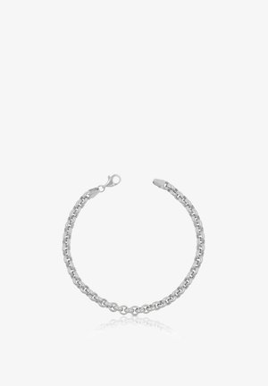 Bracciale a catena d'argento con anelli circolari incrociati e chiusura a moschettone, mostrato su sfondo bianco.
