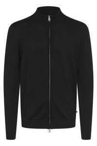 Black zip-up cardigan with a high collar, made of smooth knit fabric. Features a silver zipper and fitted cuffs, offering a sleek silhouette.