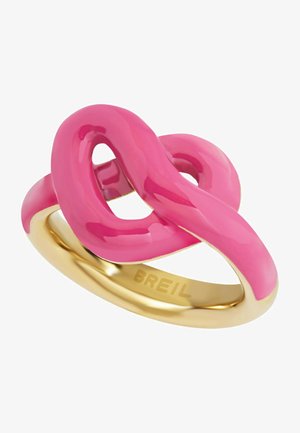 Rosa Emaille-Drehring mit einer glatten, polierten Oberfläche; goldfarbener Ring mit runder Form; verfügt über eine Markengravur auf der Innenseite.