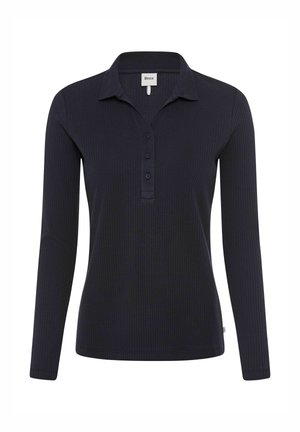 Navyblauw geribd poloshirt met lange mouwen, kraag en drieknopenbies, slim fit, stoffen label aan de binnenkant van de hals.