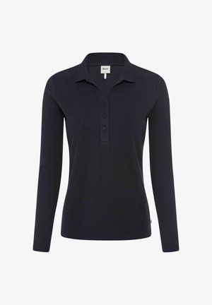 Langærmet mørkeblå ribstrikket polo med krave og treknapslukning, slank pasform, stoflabel indeni nakken.