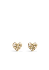 Boucles d'oreilles en forme de cœur en or, ornées de motifs floraux complexes, embellies de cristaux de différentes tailles pour ajouter de l'éclat et de la texture.