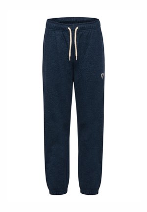 Mørkeblå joggingbukser med elastisk taljebånd, cremefarvet snøre, elastiske manchetter og en lille hvid logo på venstre lår.