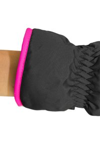 Sort handske med elastisk samling, der har en lys pink accent ved manchetten. Materialet ser vandafvisende og tekstureret ud.
