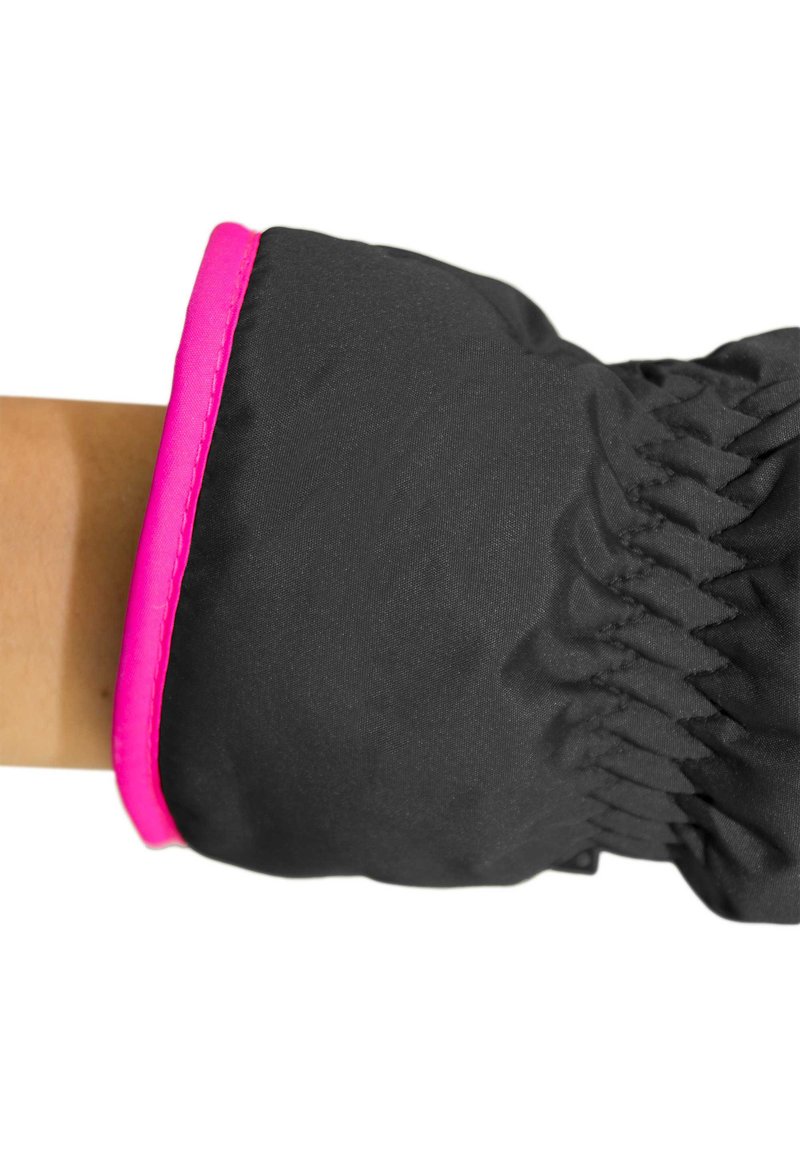 Sort handske med elastisk samling, der har en lys pink accent ved manchetten. Materialet ser vandafvisende og tekstureret ud.