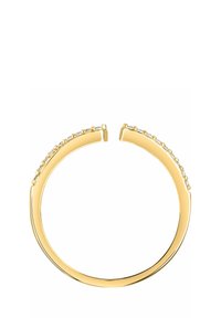Bracciale in cuff d'oro con finitura liscia, caratterizzato da una fila di piccole pietre trasparenti lungo il bordo superiore per un tocco in più. Design aperto.