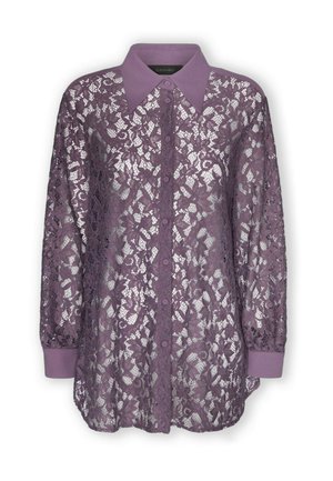 Blusa viola a maniche lunghe in pizzo con motivo floreale, colletto, polsini e chiusura frontale con bottoni a tinta unita.