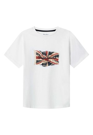 T-shirt bianca a maniche corte con una bandiera Union Jack usata e il logo "Pepe Jeans London" stampati al centro davanti.