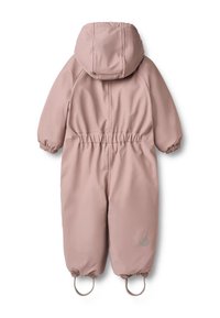 Paminkštintas rožinis sniego kostiumas su kapišonu, elastingais rankogaliais ir reguliuojama juosmens dalimi. Kojų apačioje yra kilpos, leidžiančios užtikrinti tvirtą prigludimą ir didesnį patvarumą.