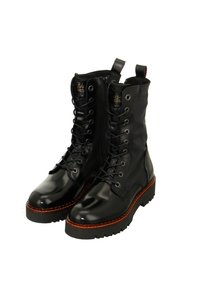 Black leather and fabric lace-up boots with a glossy finish, a textured shaft, and a thick rubber sole with contrasting stitching.