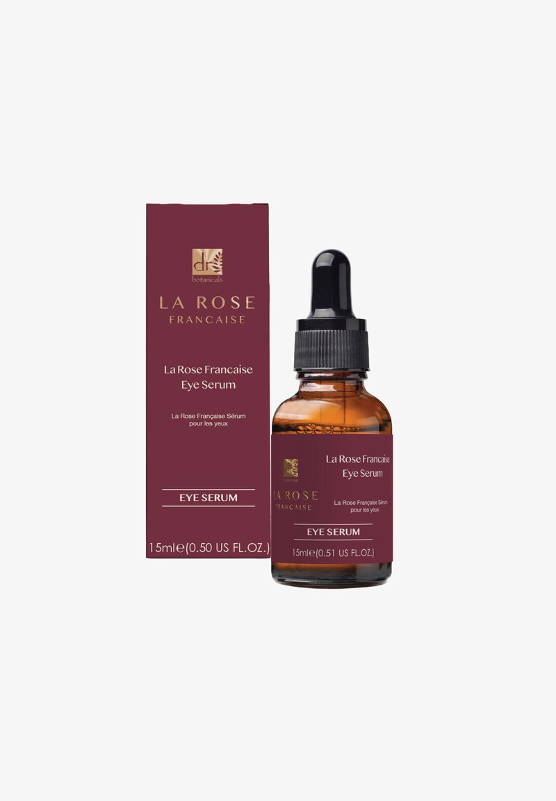 Amber glass dropper bottle and matching box of La Rose Francaise eye serum with maroon labels and gold text, 15ml size.