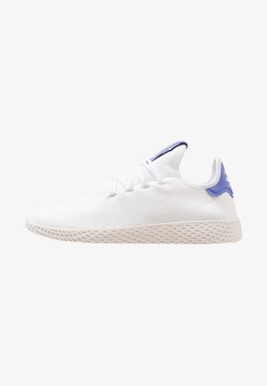 White mesh sneakers with a textured upper, light purple accents on the heel, and a patterned rubber sole. Rounded toe and lace-up design.
