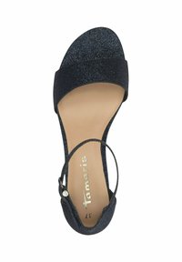 Schwarze Glitzer-Sandale mit Riemchen, runder Zehenpartie, gepolstertem Fußbett und verstellbarem Knöchelriemen. Schlichte Sohle ohne sichtbare Beschläge.