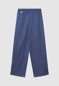 Marineblaue Hose mit weitem Bein und elastischem Bund, gefertigt aus einem leichten, glatten Stoff, mit einem schlichten Design ohne Muster.