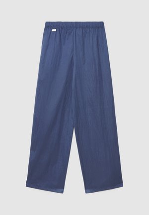 Navy blue wide-leg trousers with an elastic waistband, made from a lightweight, smooth fabric, featuring a simple design without patterns.