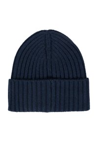 Berretto a coste in maglia blu navy con risvolto. Realizzato in morbido filato testurizzato, presenta righe verticali e una vestibilità aderente.