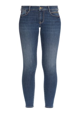 Mørkeblå skinny jeans med frontknap og lynlås, to forlommer og bæltestropper, vist på hvid baggrund.