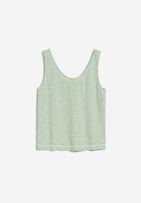 Débardeur rayé vert et blanc avec un col rond, sans manches et une coupe légèrement ample. Tissu doux avec une texture lisse.